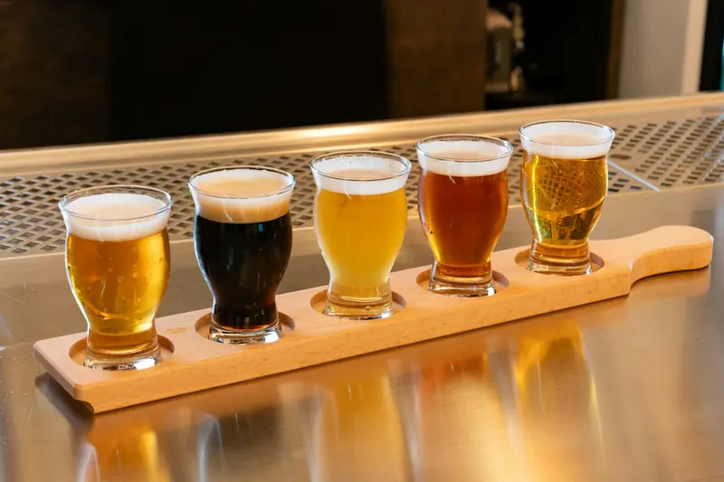 Tabla de cata con cinco vasos de cerveza de distintos estilos, de la más clara a la más oscura