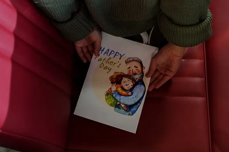 Un niño sujeta por la espalda una tarjeta de felicitación del Día del Padre