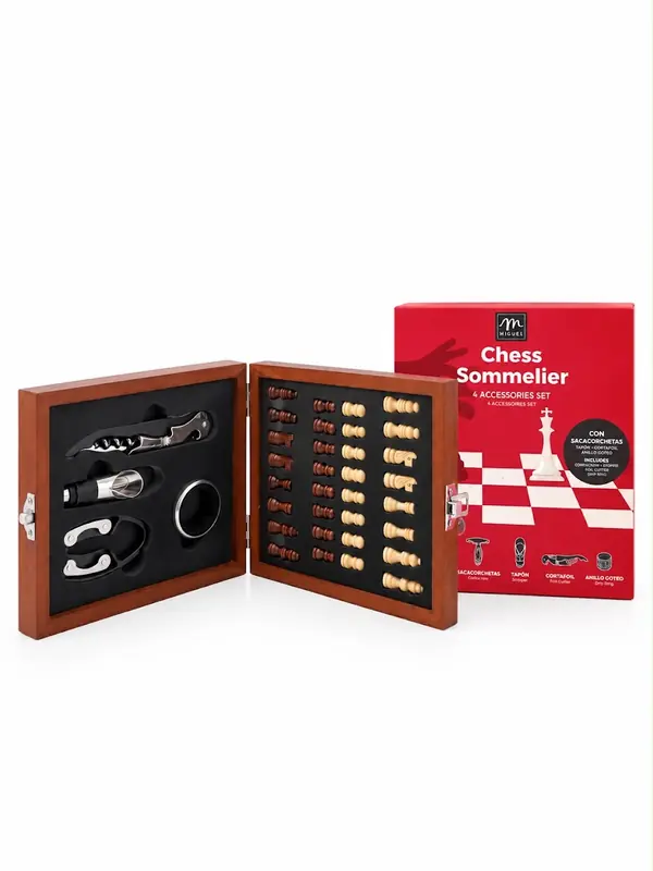 Set Sommelier con Ajedrez y 4 Accesorios para Vino | Caja de Madera con Tablero y Piezas de Ajedrez | Sacacorchos, Cortacápsulas, Vertedor y Tapón Antigoteo | Regalo para Amantes del Vino