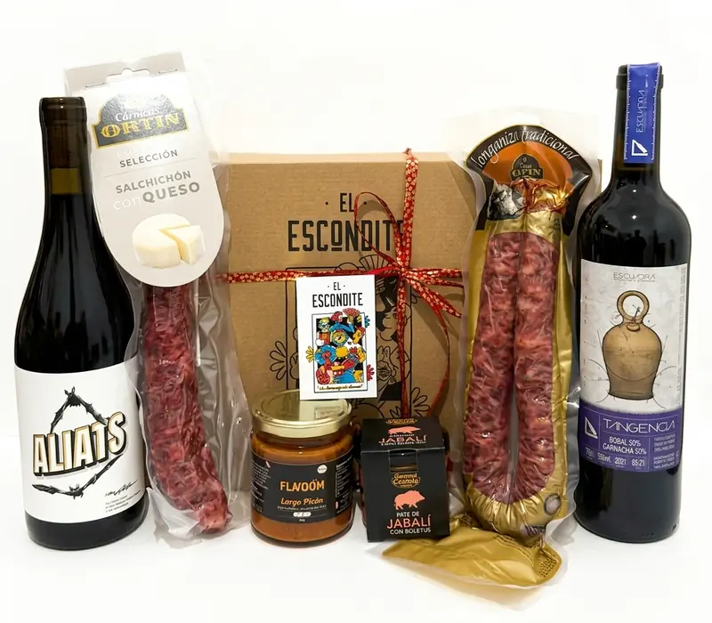 Cesta Regalo Vinos Tintos Mediterráneos y Embutidos Ibéricos